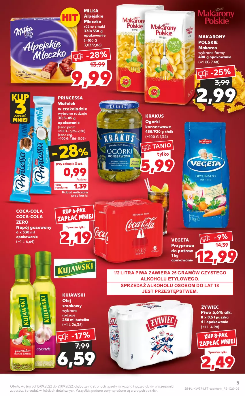 Gazetka promocyjna Kaufland - OFERTA TYGODNIA - ważna 15.09 do 21.09.2022 - strona 5 - produkty: Coca-Cola, Gra, Krakus, Kujawski, Makaron, Milka, Mleczko, Napój, Napój gazowany, Ogórki konserwowe, Olej, Olej smakowy, Piwa, Piwo, Princessa, Przyprawa do potraw, Ser, Vegeta, Wafelek