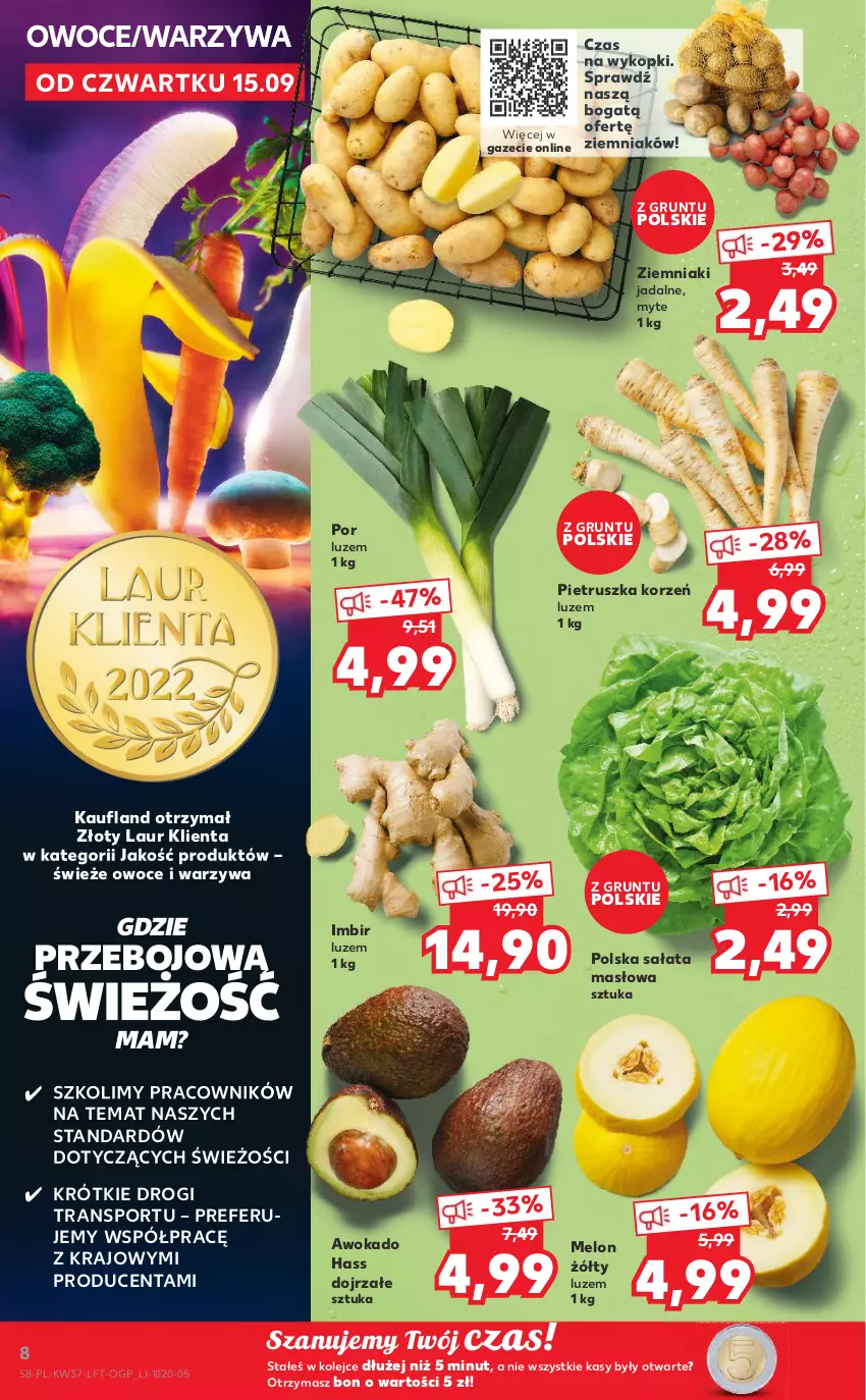 Gazetka promocyjna Kaufland - OFERTA TYGODNIA - ważna 15.09 do 21.09.2022 - strona 8 - produkty: Grunt, Imbir, Laur, Masło, Melon, Olej, Owoce, Pietruszka, Por, Sałat, Sałata masłowa, Sport, Tran, Warzywa, Ziemniaki