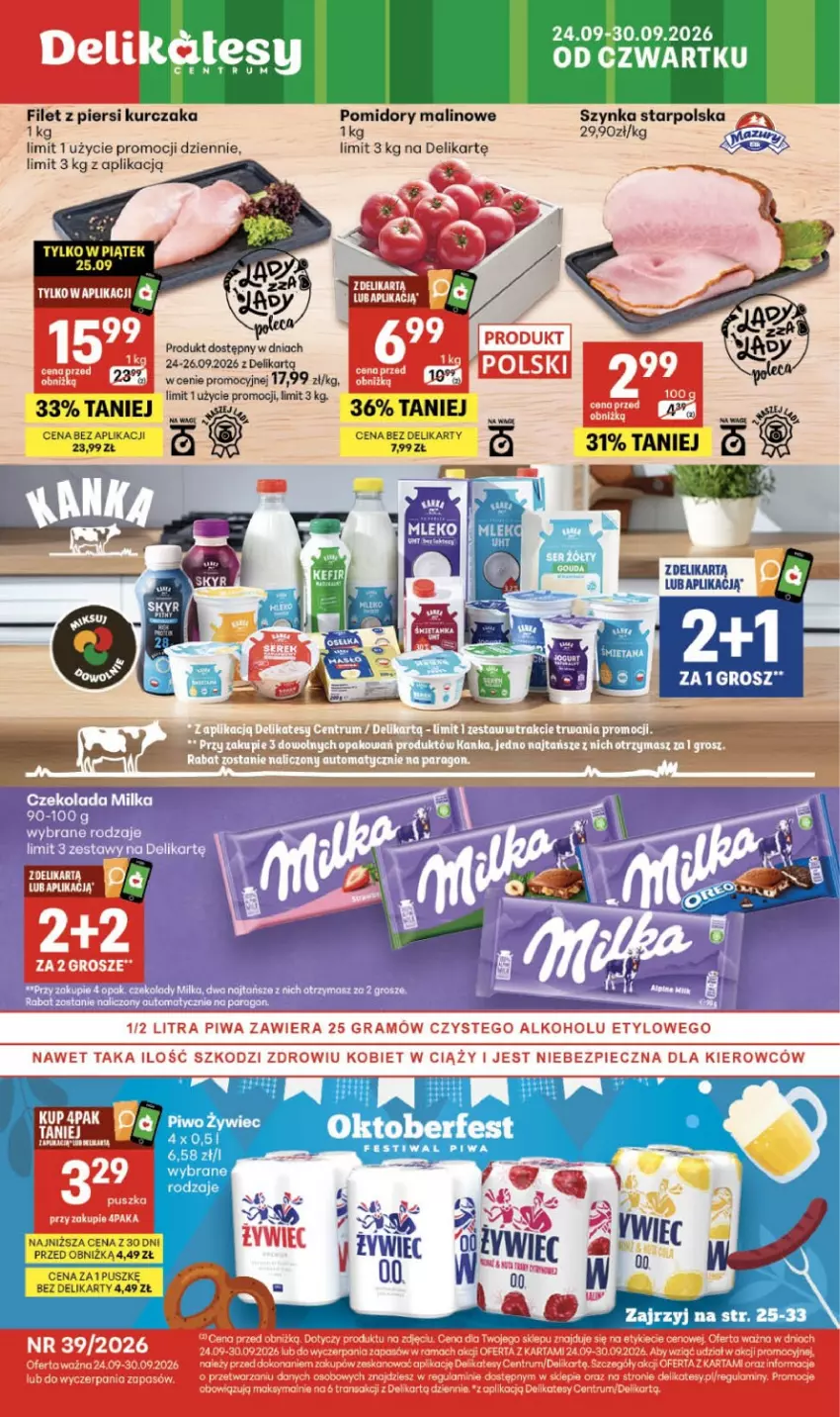 Gazetka promocyjna Delikatesy Centrum - Franczyza DC39 Czwartek - ważna 24.09 do 30.09.2026 - strona 1 - produkty: Czekolada, Fa, Filet z piersi kurczaka, Kurczak, Milka, Piwa, Pomidory, Szynka, Wagi