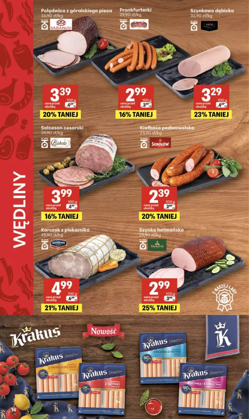Gazetka promocyjna Delikatesy Centrum - Franczyza DC39 Czwartek - ważna 24.09 do 30.09.2026 - strona 14 - produkty: Fa, Frankfurterki, Kabanos, Kiełbasa, Kiełbasa podwawelska, Piec, Piekarnik, Polędwica, Salceson, Wawel