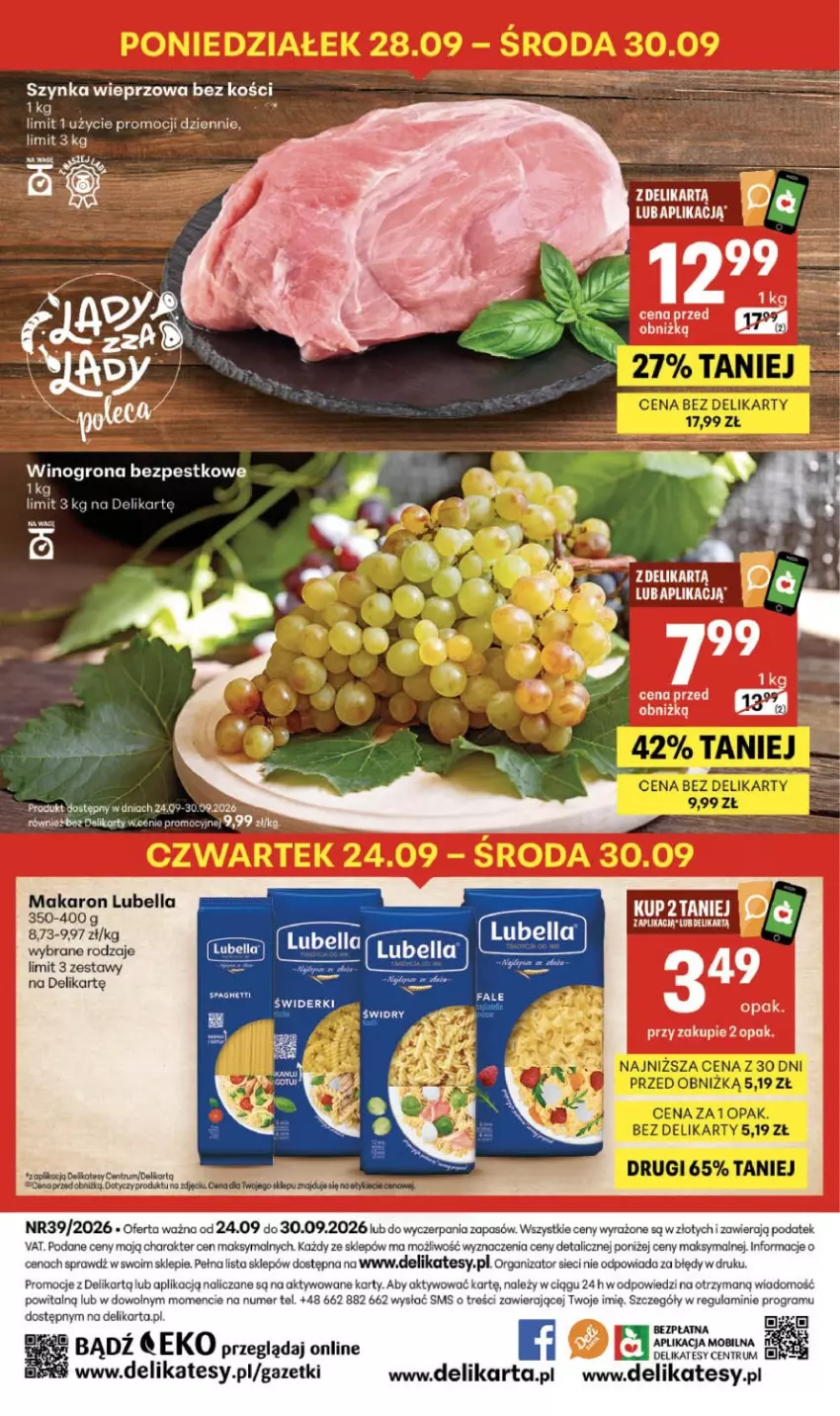 Gazetka promocyjna Delikatesy Centrum - Franczyza DC39 Czwartek - ważna 24.09 do 30.09.2026 - strona 40 - produkty: Bell, Bella, Gra, LG, Lubella, Makaron, Rum, Szynka, Szynka wieprzowa, Wino, Winogrona, Winogrona bezpestkowe