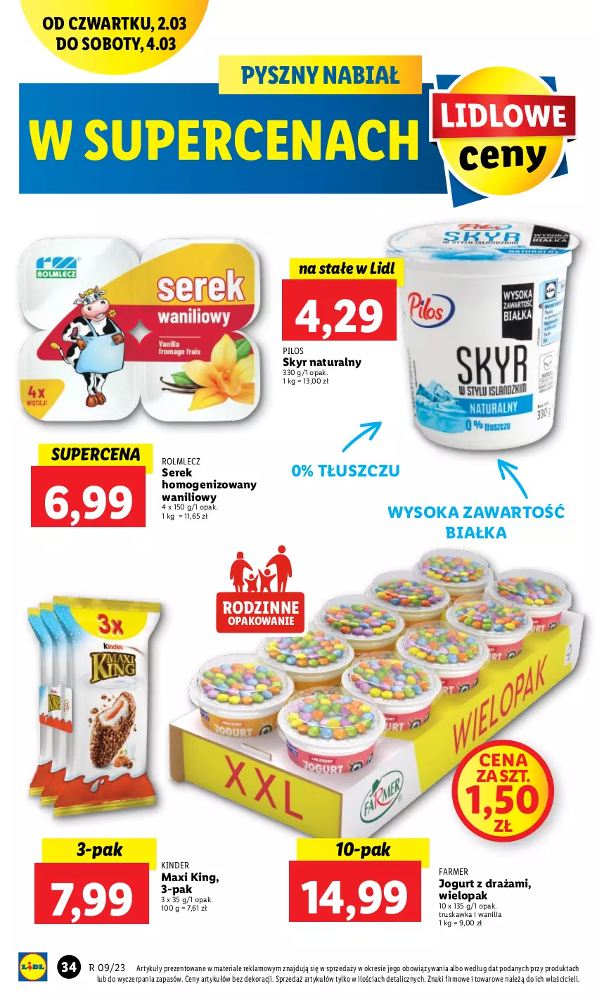 Gazetka promocyjna Lidl - GAZETKA - ważna 02.03 do 04.03.2023 - strona 36 - produkty: Fa, Jogurt, Kinder, Pilos, Rolmlecz, Ser, Serek, Serek homogenizowany, Sok