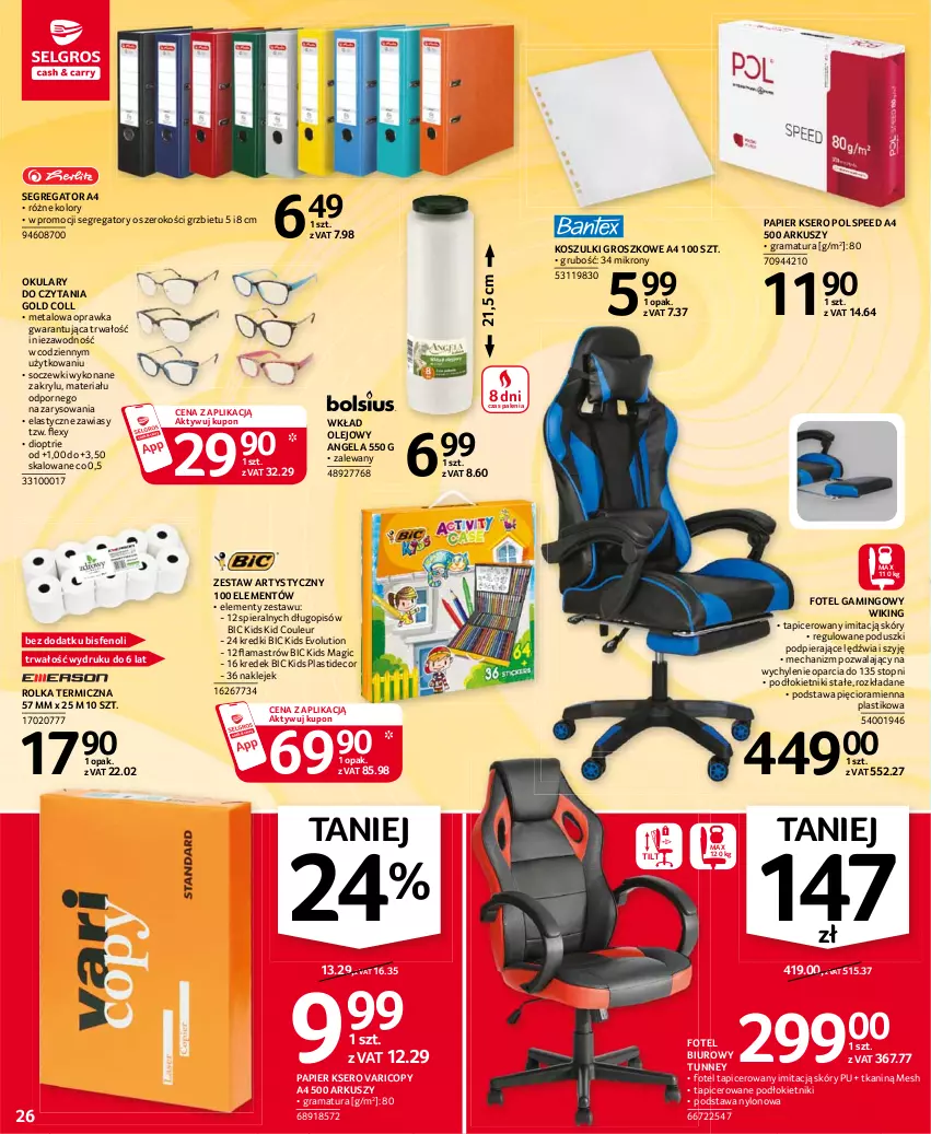 Gazetka promocyjna Selgros - Oferta przemysłowa - ważna 08.07 do 21.07.2021 - strona 26 - produkty: BIC, Biuro, Długopis, Fotel, Fotel gamingowy, Gra, Klej, Kosz, Okulary do czytania, Olej, Papier, Por, Rama, Ser, Top, Wkład olejowy