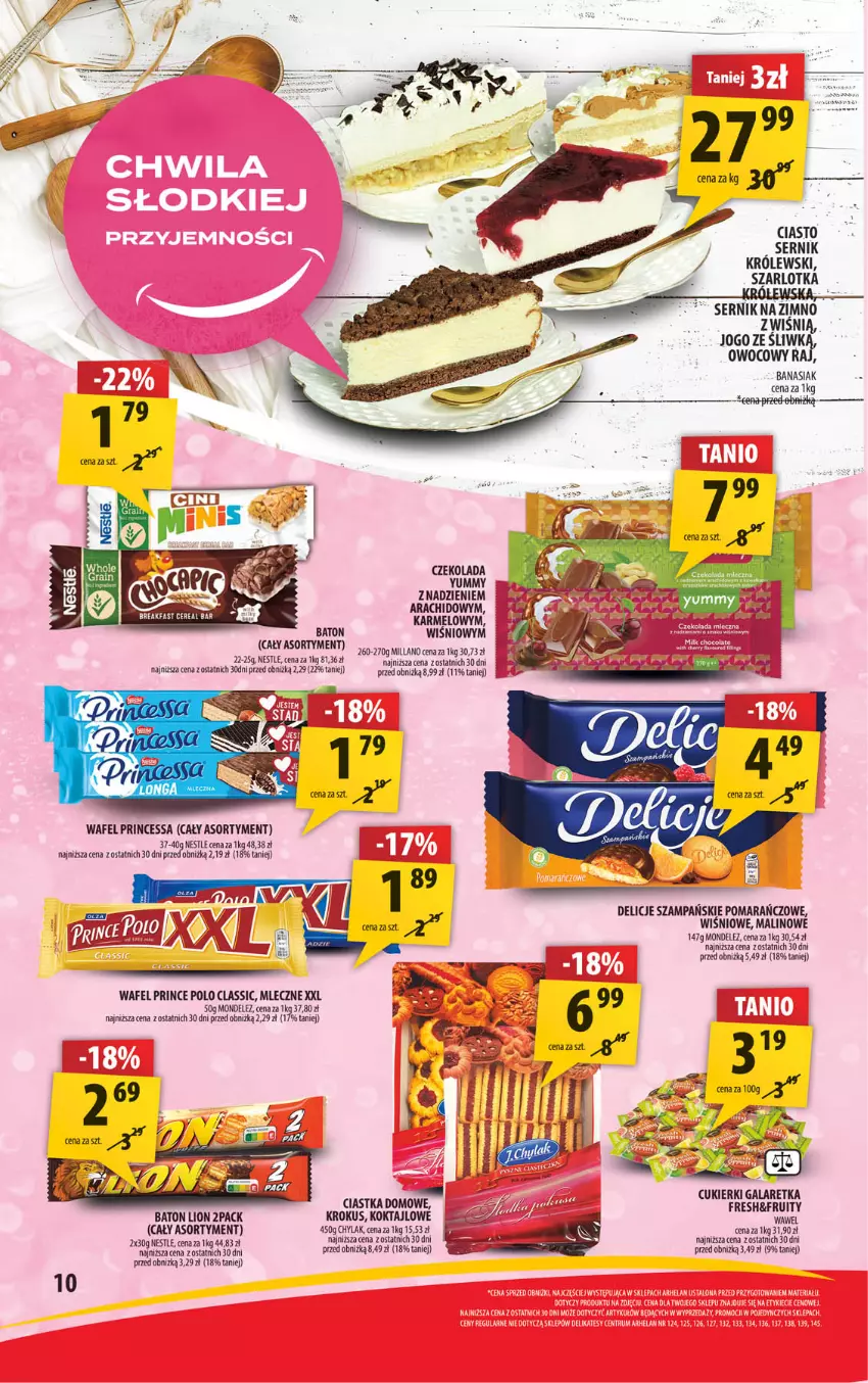 Gazetka promocyjna Arhelan - Gazetka - ważna 09.08 do 18.08.2024 - strona 10 - produkty: Baton, Ciastka, Ciasto sernik, Cukier, Cukierki, Czekolada, Delicje, Gala, Galaretka, Krokus, Królewski, LG, Lion, Prince Polo, Princessa, Ser, Szarlotka, Wawel