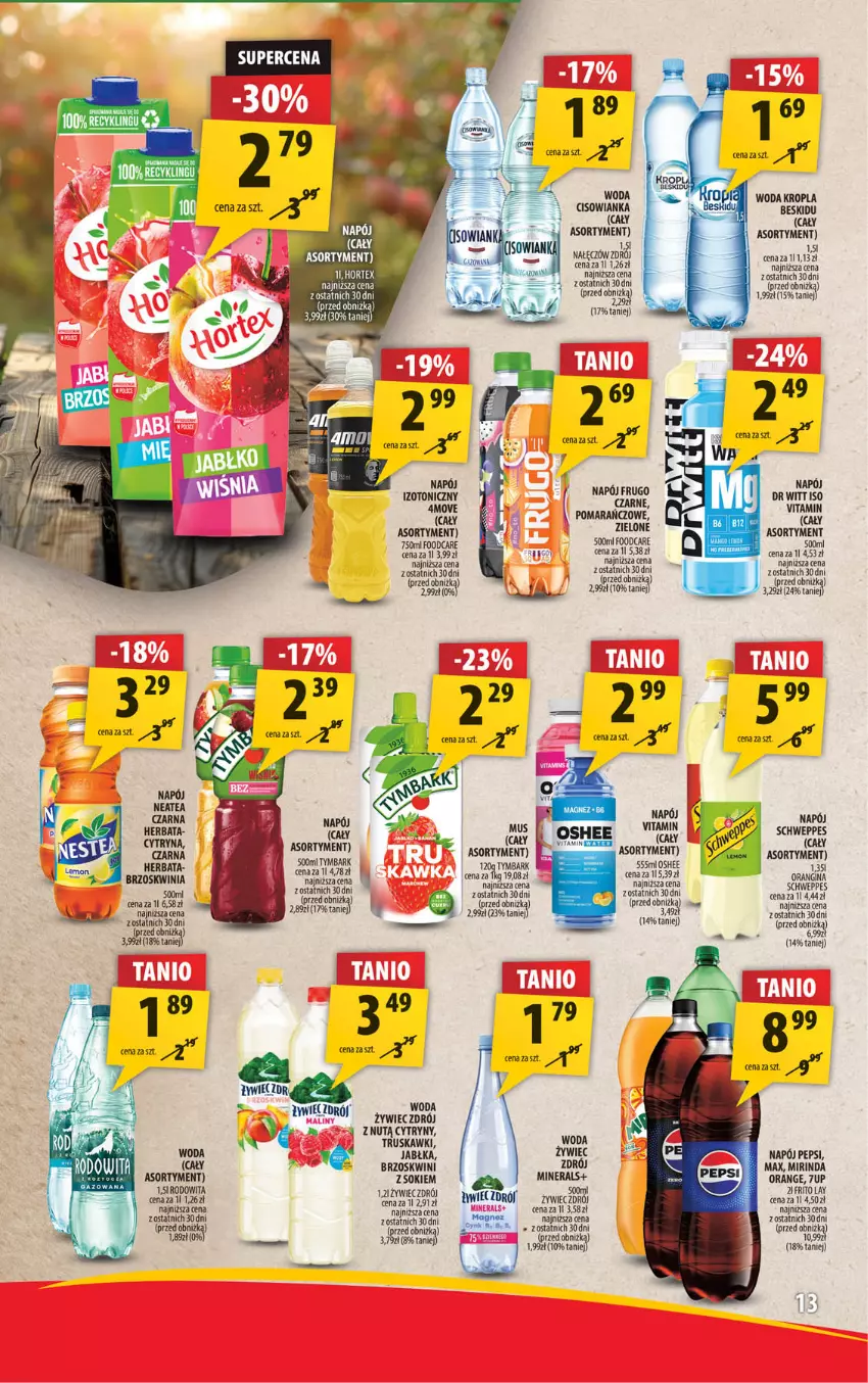 Gazetka promocyjna Arhelan - Gazetka - ważna 09.08 do 18.08.2024 - strona 13 - produkty: Cisowianka, Cytryny, Gin, Herbata, Jabłka, Magnez, Mirinda, Napój, Napój izotoniczny, Oshee, Pepsi, Schweppes, Sok, Truskawki, Tymbark, Woda