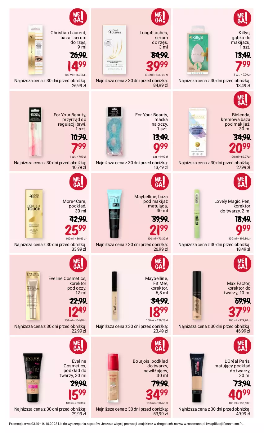 Gazetka promocyjna Rossmann - 3 października - ważna 03.10 do 16.10.2023 - strona 10 - produkty: Bell, Bielenda, Bourjois, Eveline, Fa, For Your Beauty, Killys, Korektor do twarzy, L’Oréal, Laur, Lovely, Makijaż, Maska, Max Factor, Maybelline, Podkład, Podkład do twarzy, Rum, Ser, Serum