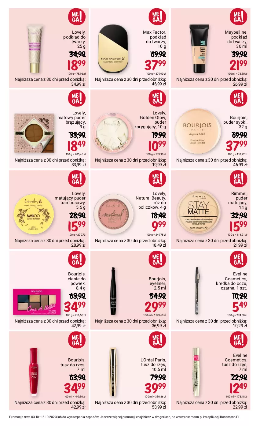 Gazetka promocyjna Rossmann - 3 października - ważna 03.10 do 16.10.2023 - strona 11 - produkty: Bell, Bourjois, Eveline, Fa, Kredka, L’Oréal, Lovely, Max Factor, Maybelline, Podkład, Podkład do twarzy, Puder, Róż do policzków, Tusz