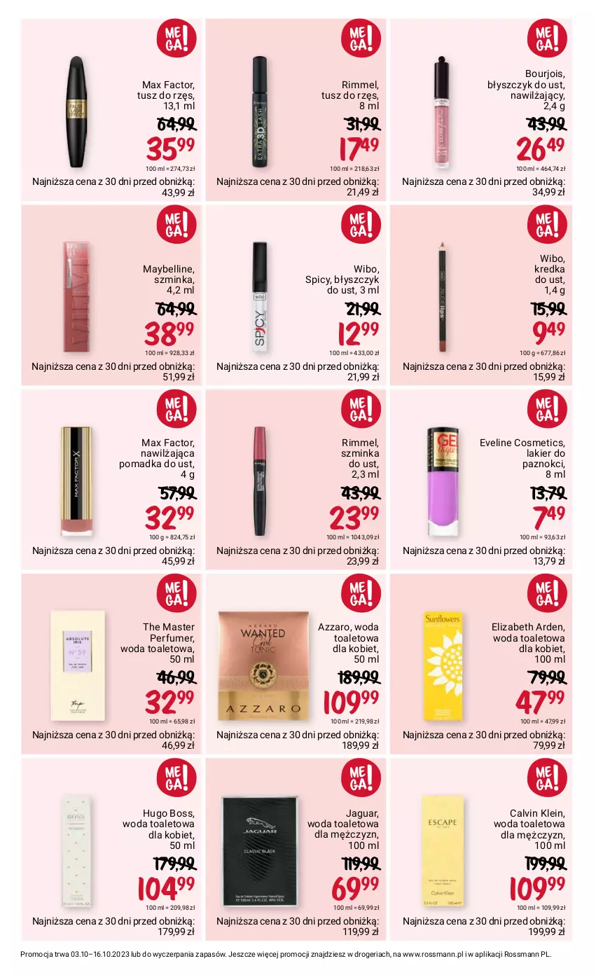 Gazetka promocyjna Rossmann - 3 października - ważna 03.10 do 16.10.2023 - strona 12 - produkty: Azzaro, Bell, Błyszczyk do ust, Bourjois, Calvin Klein, Elizabeth Arden, Eveline, Fa, Hugo Boss, Inka, Jaguar, Kredka, Lakier, Lakier do paznokci, Max Factor, Maybelline, Perfum, Szminka, Tusz, Wibo, Woda, Woda toaletowa