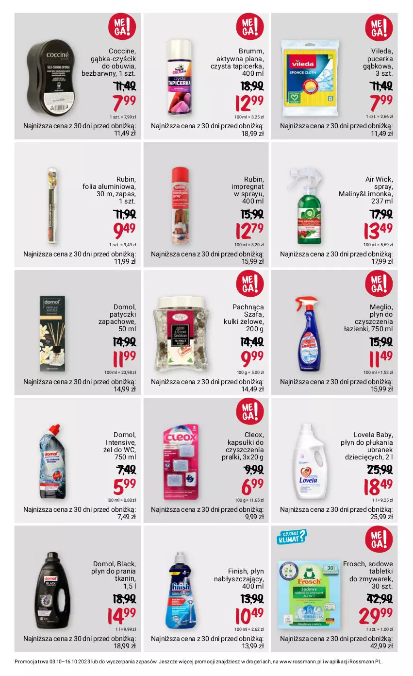 Gazetka promocyjna Rossmann - 3 października - ważna 03.10 do 16.10.2023 - strona 3 - produkty: Air Wick, Domol, Dzieci, Fa, Finish, Folia aluminiowa, Frosch, Lack, Limonka, Lovela, Maliny, Płyn do płukania, Płyn do prania, Płyn nabłyszczający, Pralki, Rubin, Rum, Szafa, Tablet, Tapicerka, Vileda