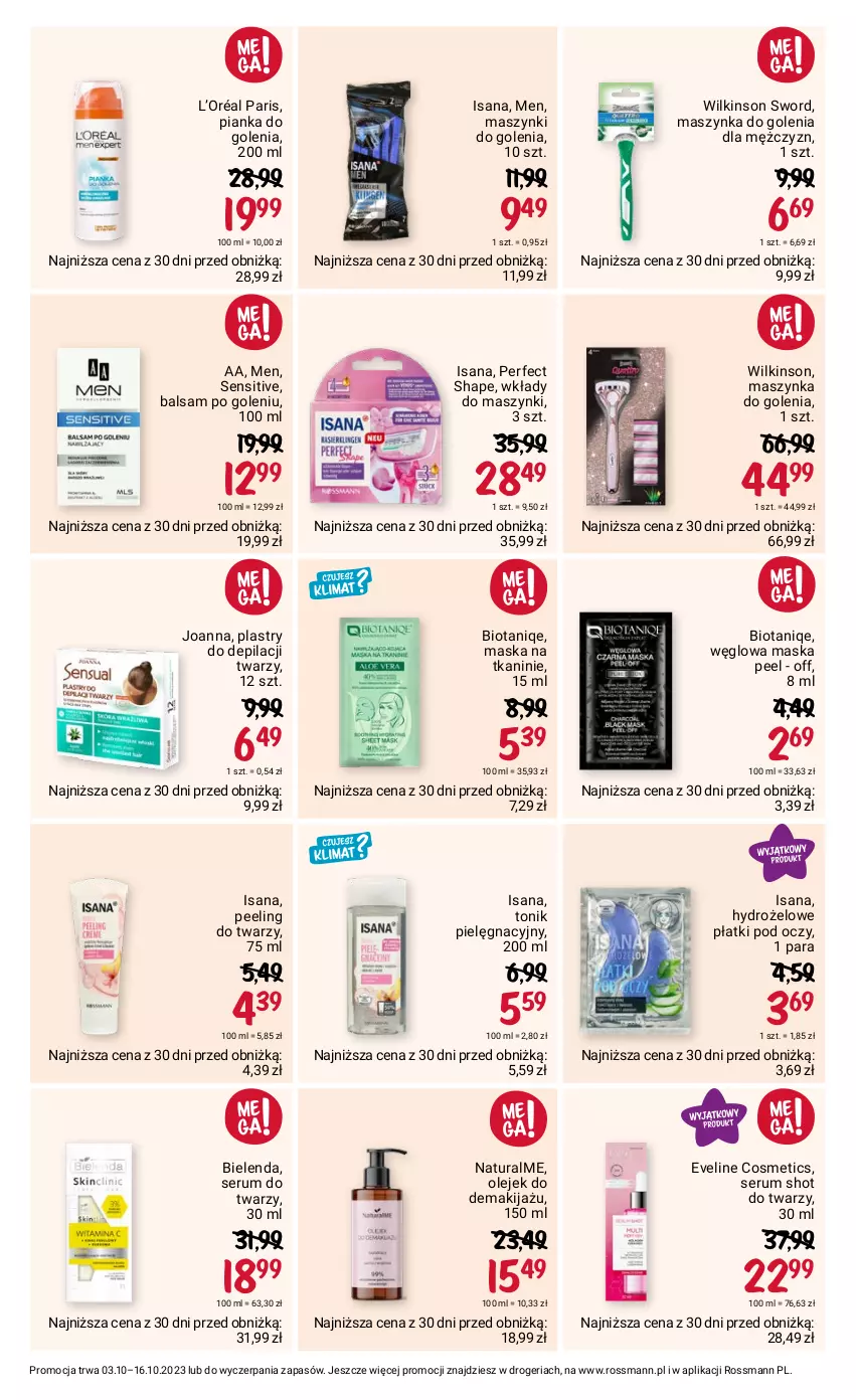 Gazetka promocyjna Rossmann - 3 października - ważna 03.10 do 16.10.2023 - strona 6 - produkty: Balsam po goleniu, Bielenda, Eveline, Hydrożelowe płatki pod oczy, Isana, Joanna, L’Oréal, Makijaż, Maska, Maszynka, Maszynka do golenia, Olej, Olejek do demakijażu, Peeling, Pianka do golenia, Plastry do depilacji, Rum, Ser, Serum, Serum do twarzy, Szynka, Tonik, Wilkinson Sword