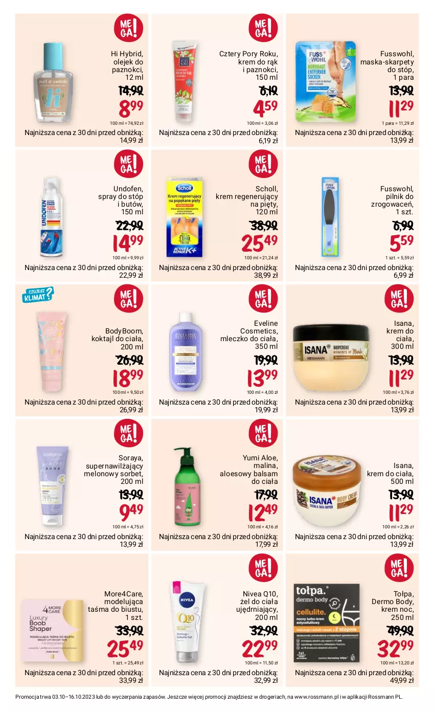 Gazetka promocyjna Rossmann - 3 października - ważna 03.10 do 16.10.2023 - strona 9 - produkty: Balsam do ciała, Body, Eveline, Isana, Karp, Krem do ciała, Krem do rąk, Krem regenerujący, Maska, Melon, Mleczko, Mleczko do ciała, Nivea, Nivea Q10, Olej, Pilnik, Por, Scholl, Tołpa, Undofen