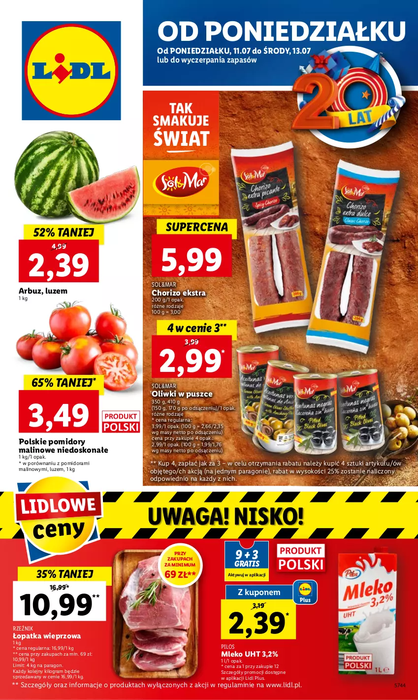 Gazetka promocyjna Lidl - GAZETKA - ważna 11.07 do 13.07.2022 - strona 1 - produkty: Arbuz, Gra, Mleko, Olej, Oliwki, Pilos, Pomidory, Por, Sok, Waga