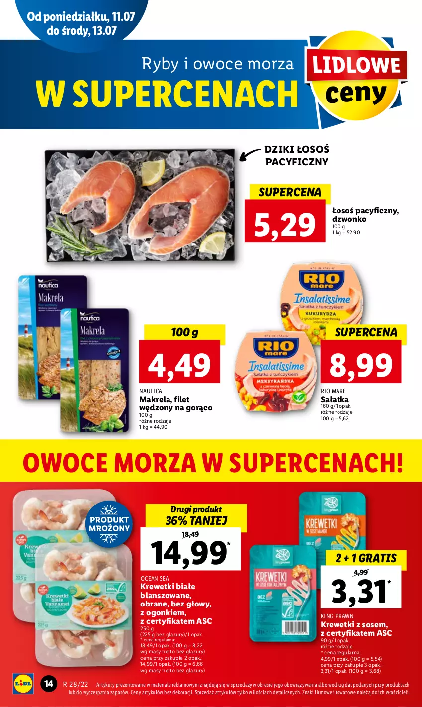 Gazetka promocyjna Lidl - GAZETKA - ważna 11.07 do 13.07.2022 - strona 14 - produkty: Gra, Krewetki, Lazur, Owoce, Owoce morza, Rio Mare, Ryby i owoce morza, Sałat, Sałatka, Sos