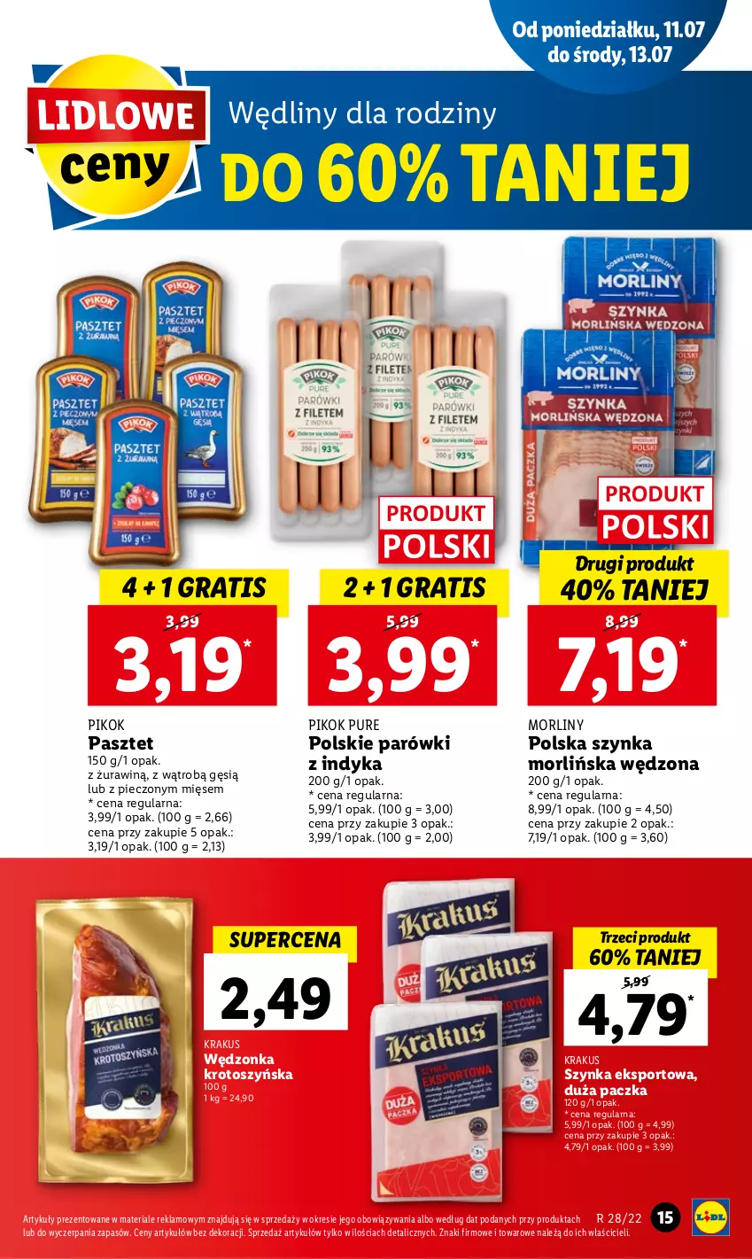 Gazetka promocyjna Lidl - GAZETKA - ważna 11.07 do 13.07.2022 - strona 15 - produkty: Gra, Krakus, Morliny, Parówki, Parówki z indyka, Pasztet, Piec, PIKOK, Por, Pur, Sport, Szynka