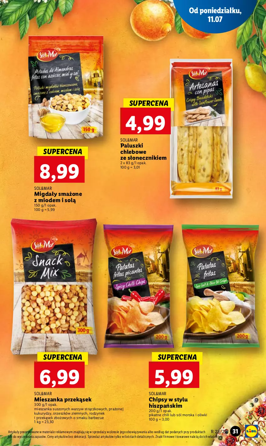 Gazetka promocyjna Lidl - GAZETKA - ważna 11.07 do 13.07.2022 - strona 31 - produkty: Chipsy, Chleb, Migdały, Oliwki, Sól