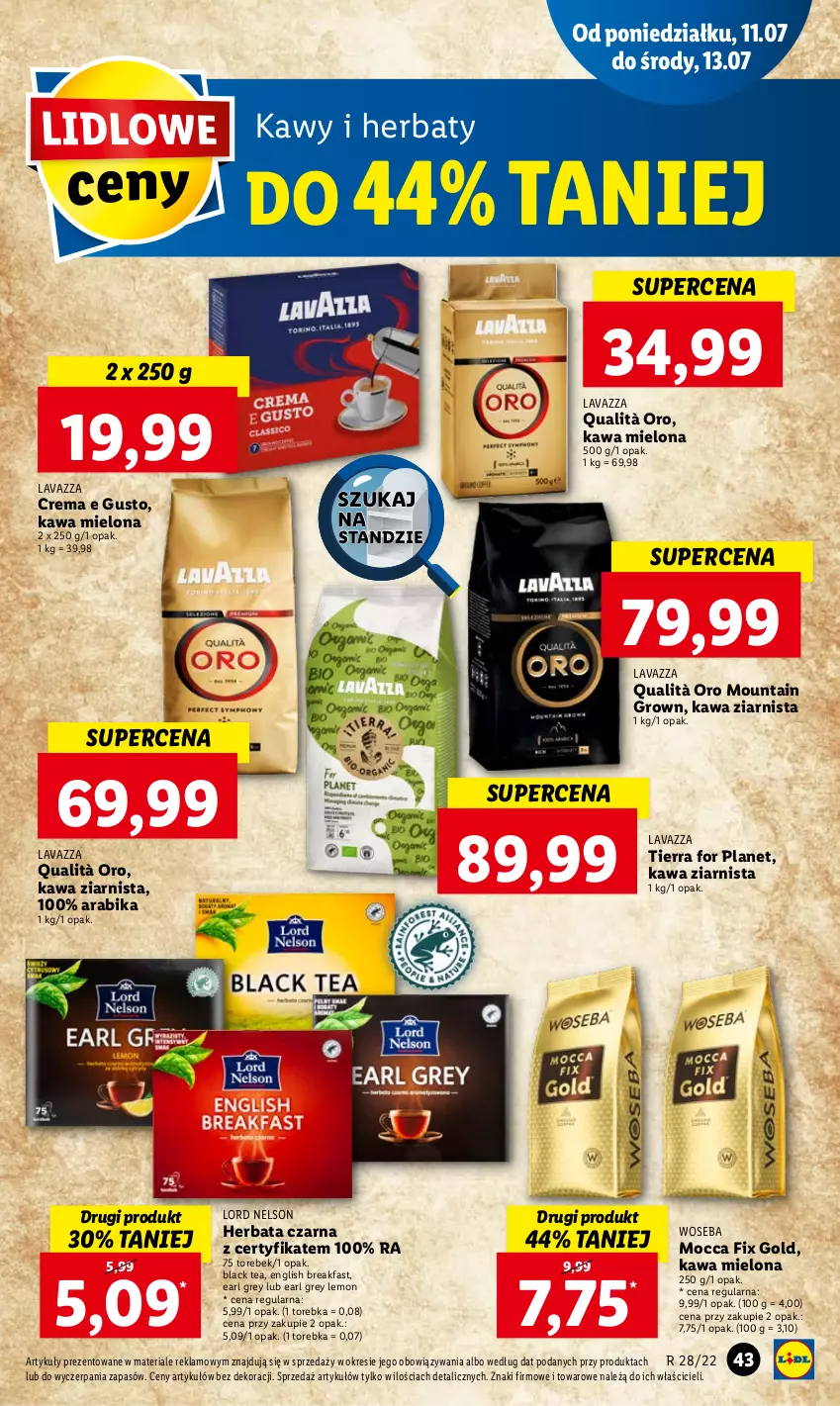 Gazetka promocyjna Lidl - GAZETKA - ważna 11.07 do 13.07.2022 - strona 43 - produkty: Earl Grey, Fa, Herbata, Herbata czarna, Kawa, Kawa mielona, Kawa ziarnista, Lack, Lavazza, Mocca Fix Gold, Torebka, Woseba