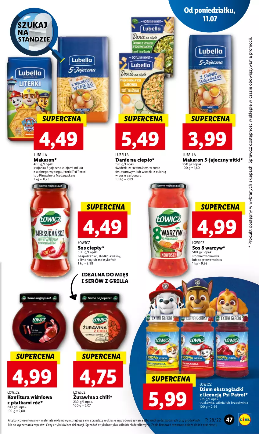 Gazetka promocyjna Lidl - GAZETKA - ważna 11.07 do 13.07.2022 - strona 47 - produkty: Bell, Bella, Dżem, Grill, Jaja, Konfitura, Lubella, Makaron, Pingwin, Psi Patrol, Ser, Sos, Szpinak