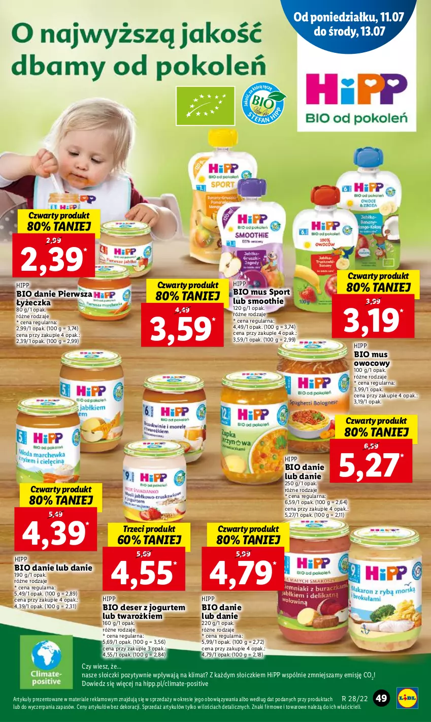 Gazetka promocyjna Lidl - GAZETKA - ważna 11.07 do 13.07.2022 - strona 49 - produkty: Deser, HiPP, Hipp Bio, Jogurt, Mus, Por, Ser, Słoiczki, Smoothie, Sport