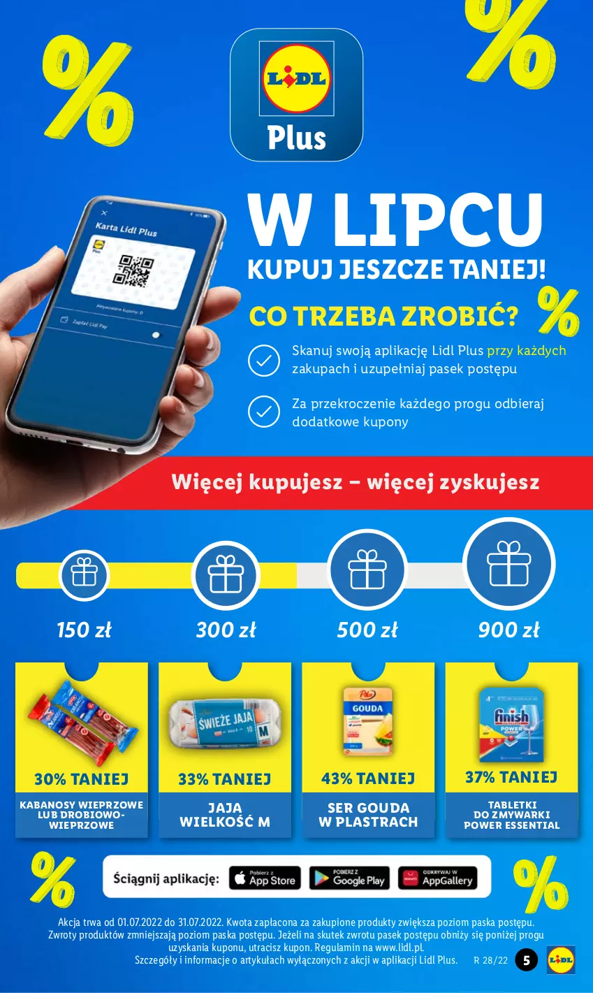 Gazetka promocyjna Lidl - GAZETKA - ważna 11.07 do 13.07.2022 - strona 5 - produkty: Gouda, Jaja, Kabanos, Pasek, Ser, Tablet, Tabletki do zmywarki, Zmywarki