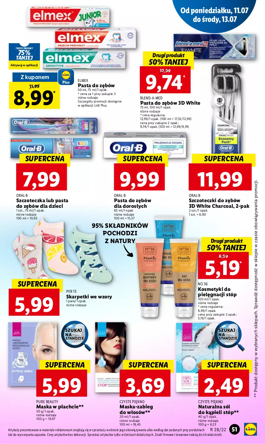 Gazetka promocyjna Lidl - GAZETKA - ważna 11.07 do 13.07.2022 - strona 51 - produkty: Blend-a-Med, Dzieci, Elmex, Karp, Kosmetyki do pielęgnacji, Maska, Maska w płachcie, Pasta do zębów, Pur, Skarpetki, Sól, Sól do kąpieli, Szczoteczka