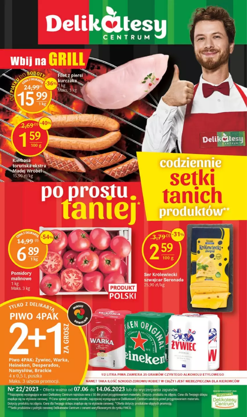 Gazetka promocyjna Delikatesy Centrum - Gazetka DC22 - ważna 07.06 do 14.06.2023 - strona 1 - produkty: Desperados, Gra, Heineken, Kurczak, Namysłów, Piec, Piwa, Piwo, Pomidory, Rum, Ser, Ser Królewiecki, Warka