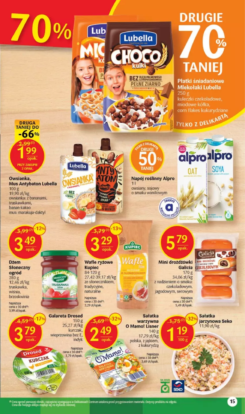 Gazetka promocyjna Delikatesy Centrum - Gazetka DC22 - ważna 07.06 do 14.06.2023 - strona 15 - produkty: Alpro, Baton, Bell, Bella, Dżem, Gala, Kakao, Kupiec, Kurczak, Lisner, Lubella, Mus, Napój, Napój roślinny, Ogród, Owsianka, Piec, Rum, Ryż, Sałat, Sałatka, SEKO, Ser, Wafle, Wieprzowina