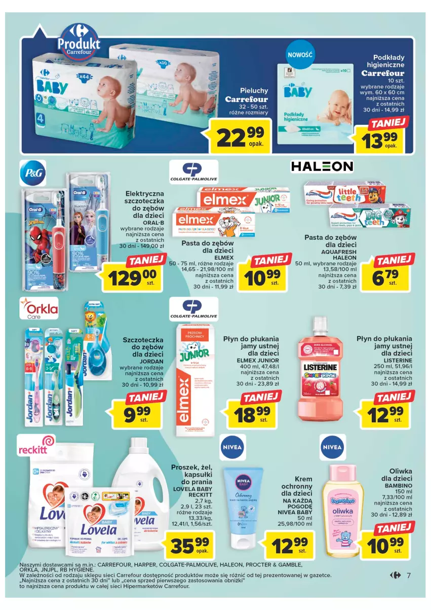 Gazetka promocyjna Carrefour - Gazetka Klasa dla bobasa - ważna 14.02 do 25.02.2023 - strona 9 - produkty: Aquafresh, Baby O, Colgate, Dzieci, Elektryczna szczoteczka, Elmex, Leon, LG, Listerine, Lovela, Nivea, Nivea Baby, Palmolive, Pasta do zębów, Pieluchy, Płyn do płukania, Płyn do płukania jamy ustnej, Podkład, Szczoteczka, Szczoteczka do zębów