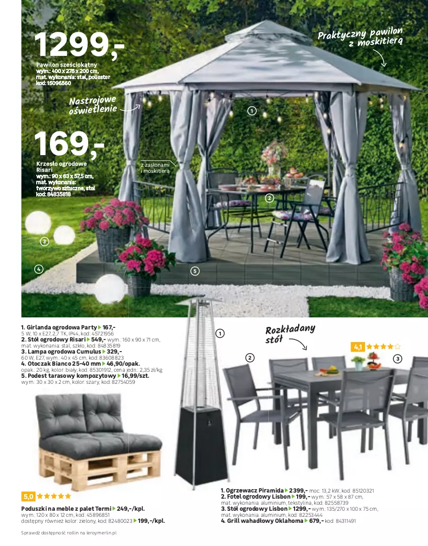 Gazetka promocyjna Leroy Merlin - Gazetka Leroy Merlin - ważna 22.03 do 31.08.2023 - strona 54 - produkty: Fotel, Girlanda, Grill, Jadalnia, Krzesło, Lampa, Meble, Parasol, Rust, Stół, Zasłona