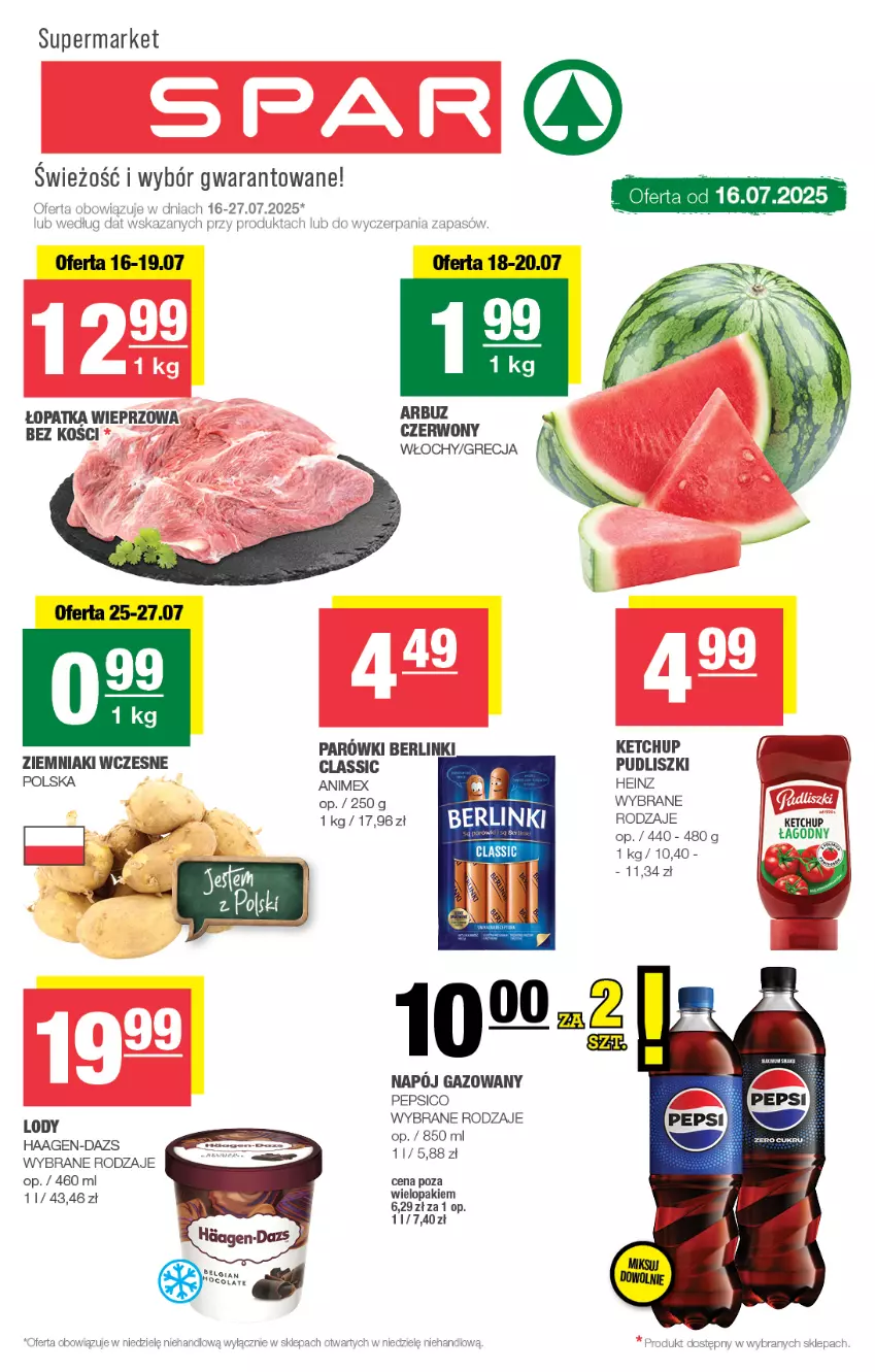Gazetka promocyjna Spar - Spar - ważna 13.07 do 23.07.2025 - strona 1 - produkty: Arbuz, Berlinki, Heinz, Ketchup, Lody, Parówki, Pepsi, Pudliszki, Ziemniaki