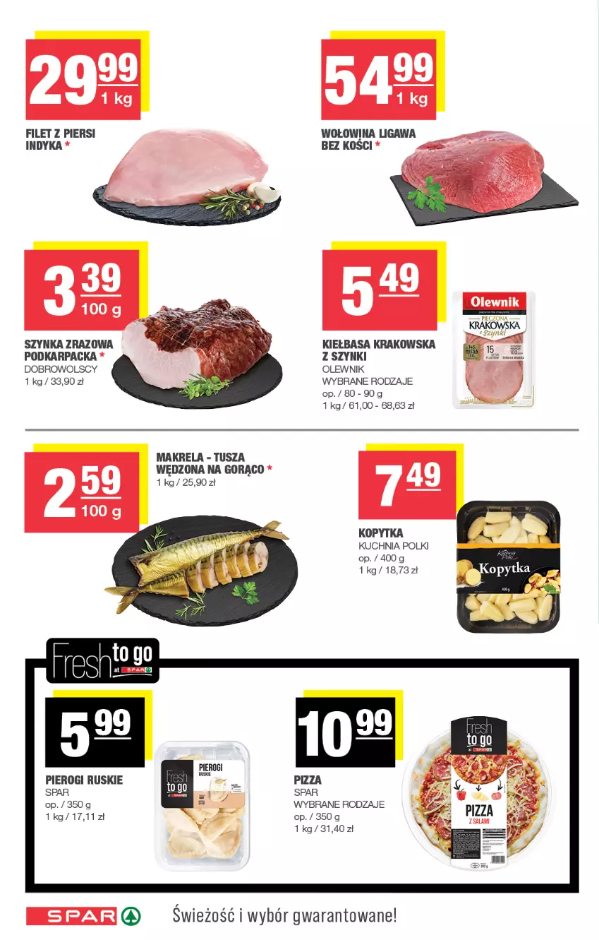 Gazetka promocyjna Spar - Spar - ważna 13.07 do 23.07.2025 - strona 4 - produkty: Filet z piersi indyka, Karp, Kiełbasa, Kiełbasa krakowska, Kopytka, Kuchnia, Olewnik, Pierogi, Pizza, Szynka, Tusz, Wołowina