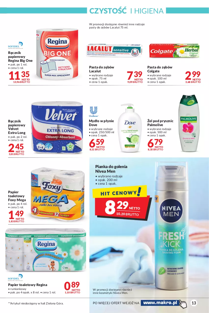 Gazetka promocyjna Makro - [Oferta promocyjna] Artykuły spożywcze i przemysłowe - ważna 02.11 do 15.11.2021 - strona 13 - produkty: Colgate, Dove, Foxy, Gin, Lacalut, LG, Mydło, Mydło w płynie, Nivea, Nivea Men, Palmolive, Papier, Papier toaletowy, Pasta do zębów, Pianka do golenia, Ręcznik, Rum, Velvet