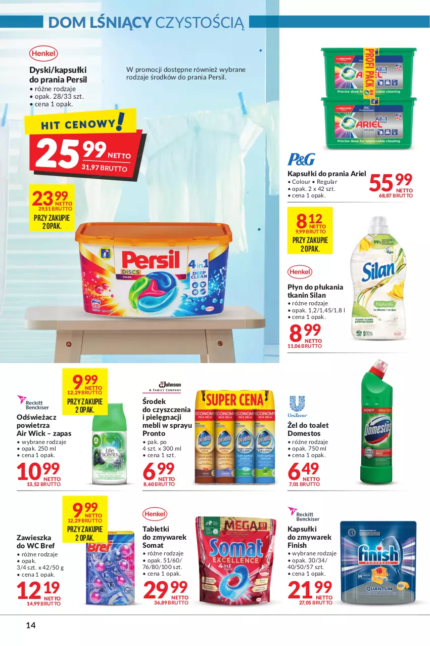 Gazetka promocyjna Makro - [Oferta promocyjna] Artykuły spożywcze i przemysłowe - ważna 02.11 do 15.11.2021 - strona 14 - produkty: Air Wick, Ariel, Bref, Domestos, Finish, Kapsułki do prania, Odświeżacz powietrza, Persil, Płyn do płukania, Pronto, Silan, Somat, Tablet, Zawieszka do wc