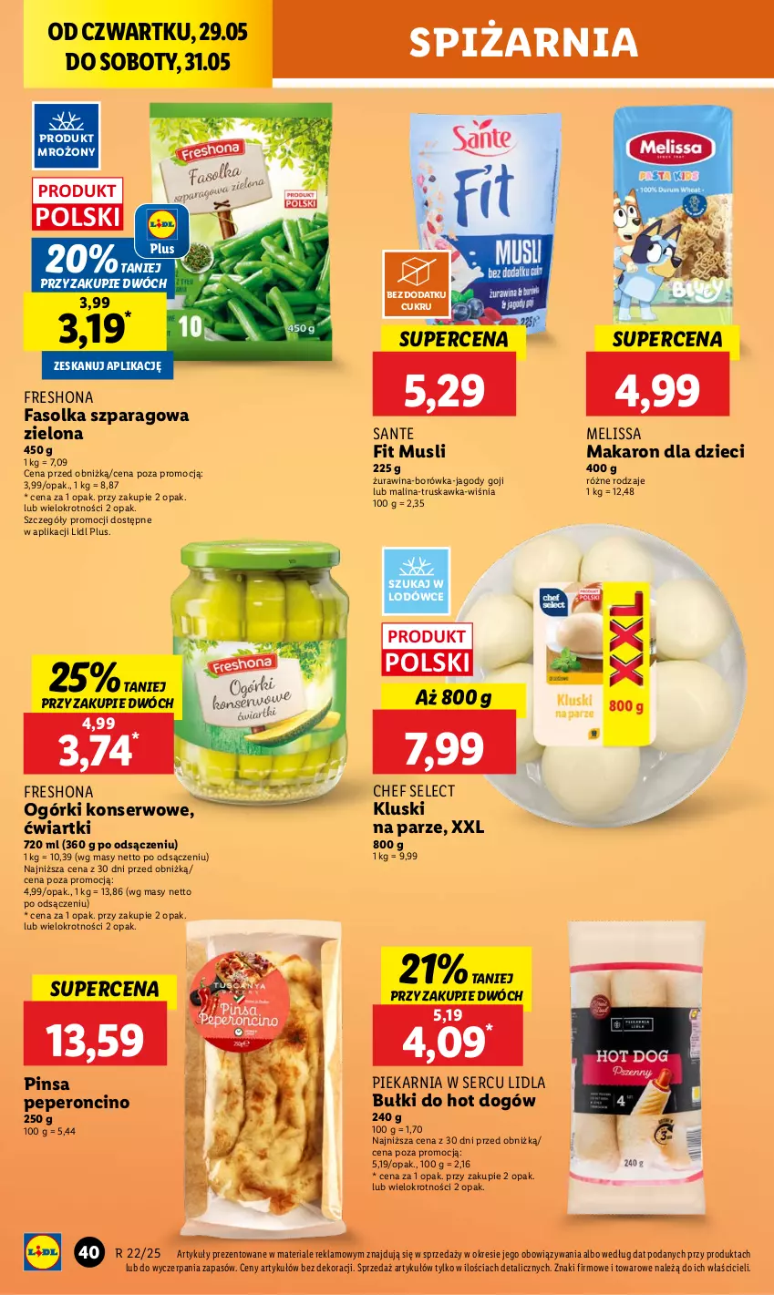 Gazetka promocyjna Lidl - GAZETKA - ważna 29.05 do 31.05.2025 - strona 48 - produkty: Borówka, Bułki do hot dogów, Dzieci, Fa, Hot dog, Jagody, Jagody goji, Kluski na parze, Makaron, Mus, Ogórki konserwowe, Sante, Ser