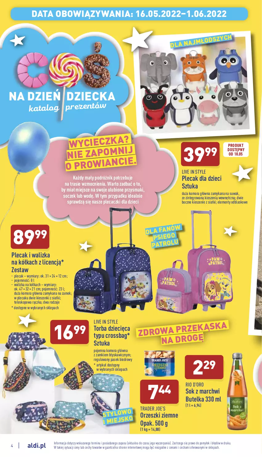 Gazetka promocyjna Aldi - Dzień Dziecka - ważna 16.05 do 01.06.2022 - strona 4 - produkty: Dzieci, Fa, Orzeszki, Orzeszki ziemne, Pasek, Plecak, Przysmaki, Sok, Teleskop, Torba, Walizka