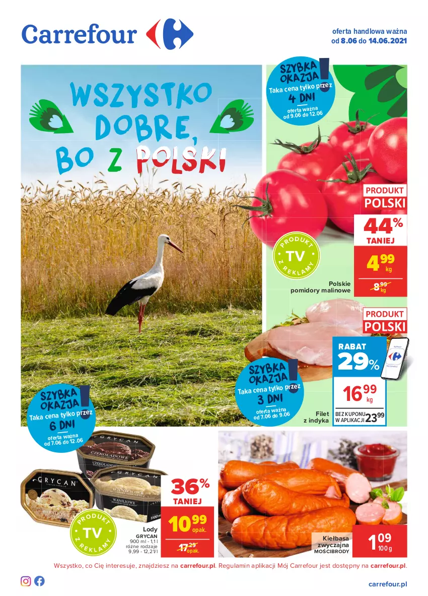 Gazetka promocyjna Carrefour - Gazetka Wszystko dobre, bo z Polski - ważna 07.06 do 14.06.2021 - strona 1 - produkty: Gry, Kiełbasa, Lody, Pomidory