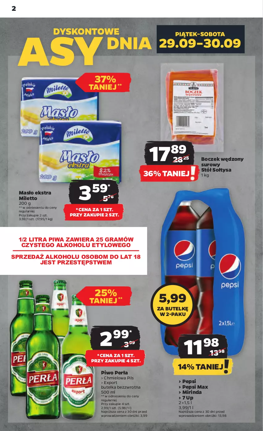 Gazetka promocyjna Netto - Artykuły spożywcze - ważna 28.09 do 04.10.2023 - strona 2 - produkty: Boczek, Gra, Masło, Mirinda, Pepsi, Pepsi max, Perła, Piwa, Piwo, Por, Stół