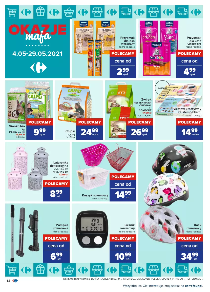 Gazetka promocyjna Carrefour - Gazetka Okazje Maja - ważna 03.05 do 29.05.2021 - strona 14 - produkty: Gin, Kask, Kosz, Latarenka, Pompka, Przysmak dla kota, Przysmak dla psa, Rower, Vitakraft