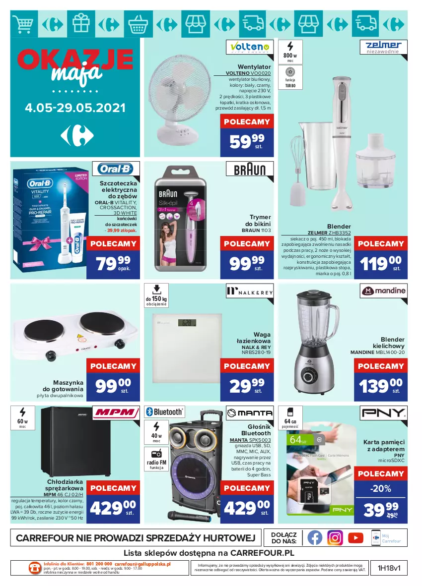 Gazetka promocyjna Carrefour - Gazetka Okazje Maja - ważna 03.05 do 29.05.2021 - strona 16 - produkty: Bikini, Biurko, Blender, Braun, Chłodziarka, Głośnik, Głośnik bluetooth, Gry, Karta pamięci, Manta, Maszynka, Miarka, Noż, O nas, Płyta, Przewód, Silan, Sok, Szczoteczka, Szynka, Top, Waga, Waga łazienkowa, Zelmer