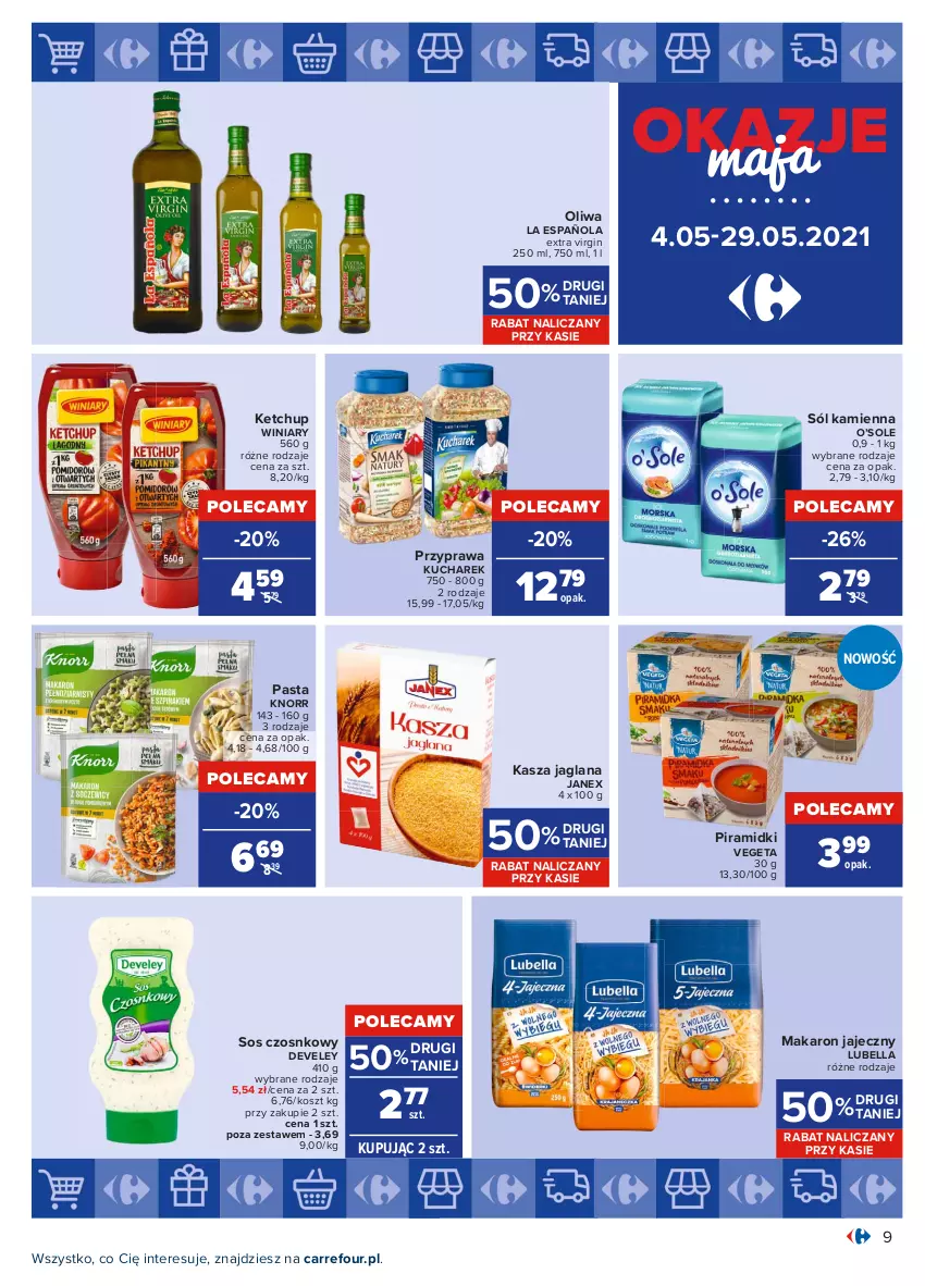 Gazetka promocyjna Carrefour - Gazetka Okazje Maja - ważna 03.05 do 29.05.2021 - strona 9 - produkty: Bell, Bella, Gin, Kasza, Kasza jaglana, Ketchup, Knorr, Kosz, Kucharek, LANA, Lubella, Makaron, Sól, Sos, Sos czosnkowy, Vegeta, Winiary