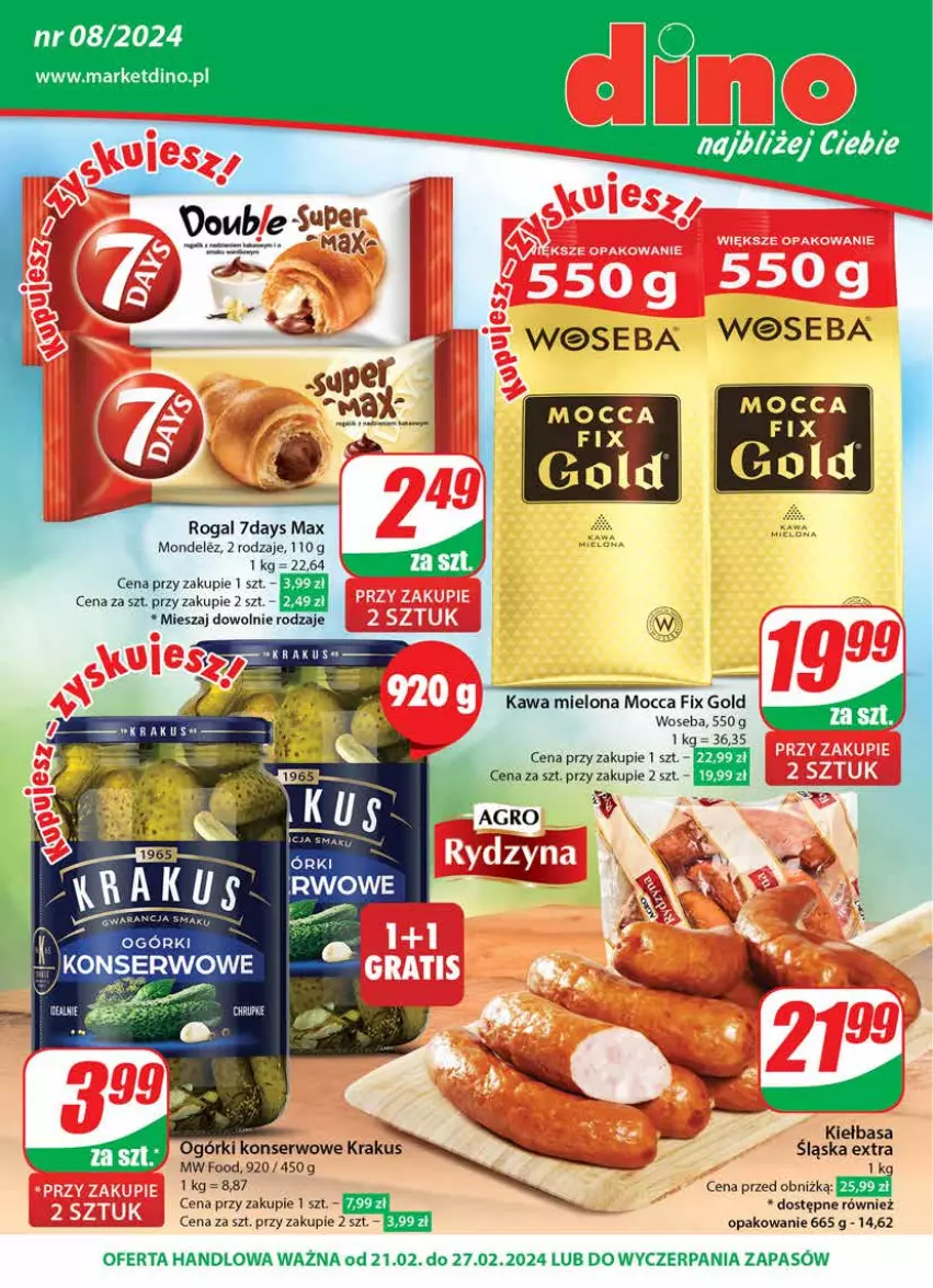 Gazetka promocyjna Dino - Gazetka 8 - ważna 21.02 do 27.02.2024 - strona 1 - produkty: Fa, JBL, Kawa, Kawa mielona, Kiełbasa, Krakus, Mocca Fix Gold, Ogórki konserwowe, Rogal, Ser, Woseba