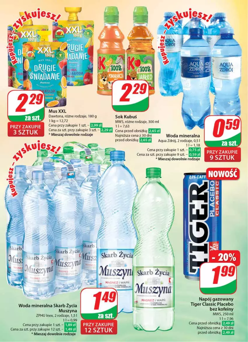 Gazetka promocyjna Dino - Gazetka 8 - ważna 21.02 do 27.02.2024 - strona 2 - produkty: Dawtona, Kubuś, Mus, Napój, Napój gazowany, Sok, Szyna, Tiger, Woda, Woda mineralna