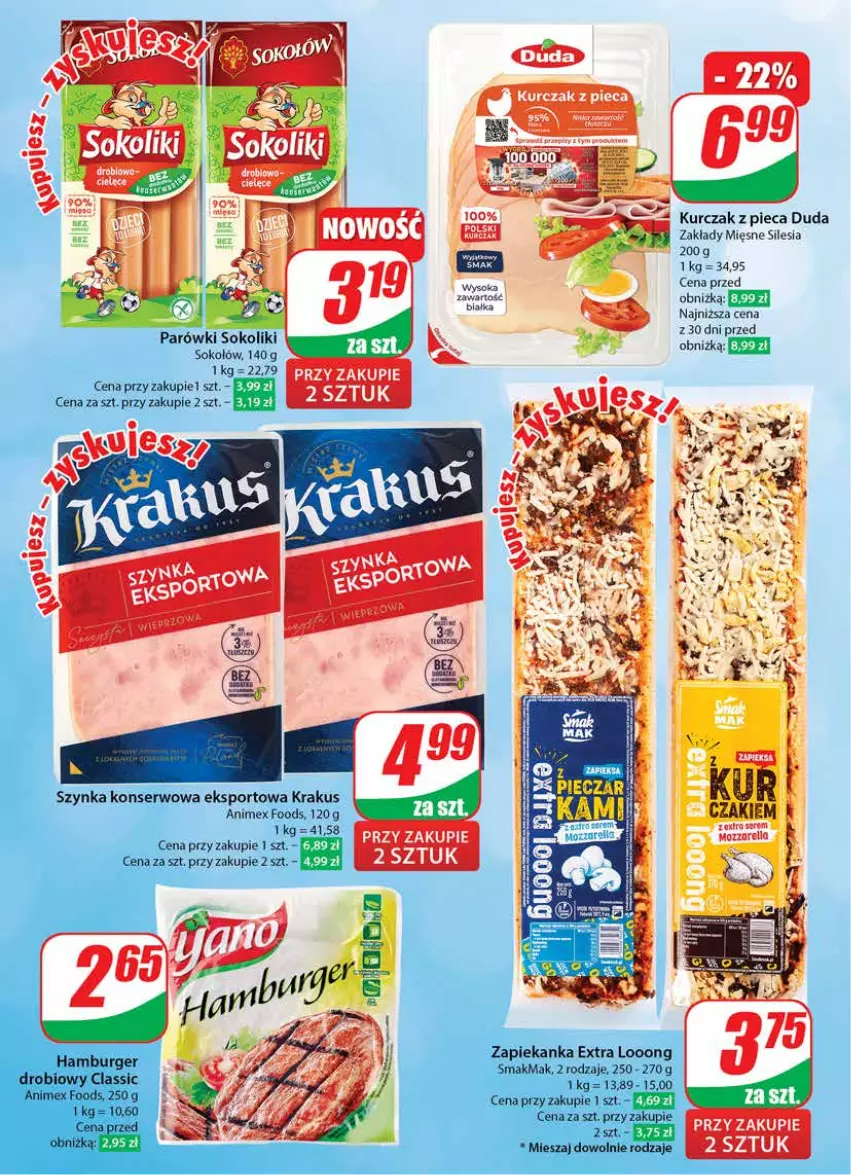 Gazetka promocyjna Dino - Gazetka 8 - ważna 21.02 do 27.02.2024 - strona 36 - produkty: Burger, Duda, Hamburger, Krakus, Kurczak, Mozzarella, Parówki, Parówki sokoliki, Piec, Por, Ser, Sok, Sokołów, Sport, Szynka, Szynka konserwowa, Zapiekanka