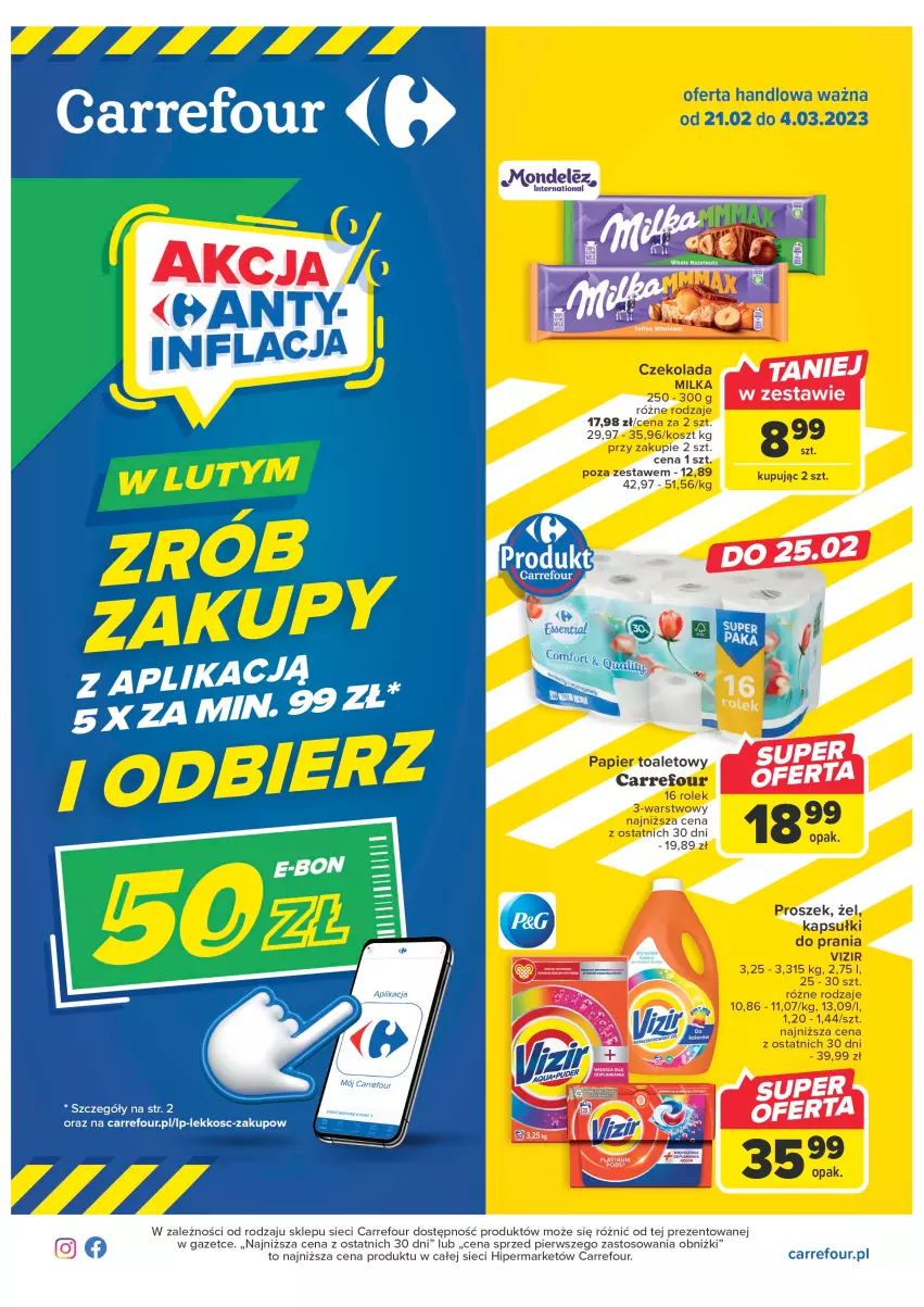 Gazetka promocyjna Carrefour - Gazetka Carrefour - ważna 21.02 do 04.03.2023 - strona 1 - produkty: Czekolada, Kapsułki do prania, Kosz, Milka, Vizir