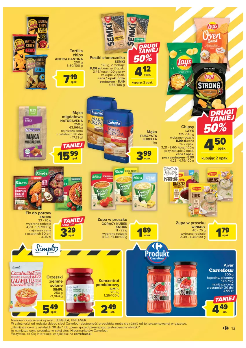 Gazetka promocyjna Carrefour - Gazetka Carrefour - ważna 21.02 do 04.03.2023 - strona 15 - produkty: Bell, Bella, Chipsy, Knorr, Koncentrat pomidorowy, Kosz, Kubek, Lubella, Mąka, Orzeszki, Orzeszki ziemne, Tortilla, Tortilla Chips, Winiary, Zupa