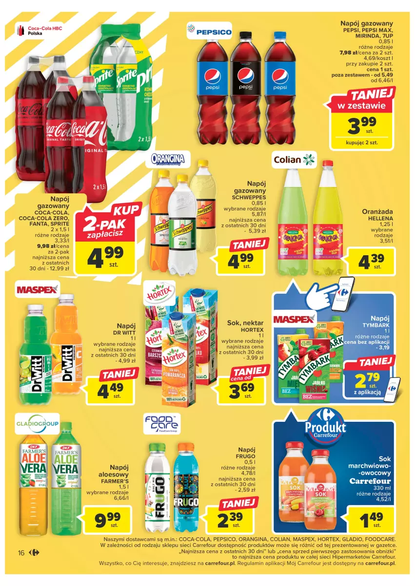 Gazetka promocyjna Carrefour - Gazetka Carrefour - ważna 21.02 do 04.03.2023 - strona 18 - produkty: 7up, Coca-Cola, Fa, Fanta, Gin, Hellena, Hortex, Kosz, Mirinda, Napój, Napój gazowany, Oranżada, Pepsi, Pepsi max, Schweppes, Sok, Sprite, Tymbark