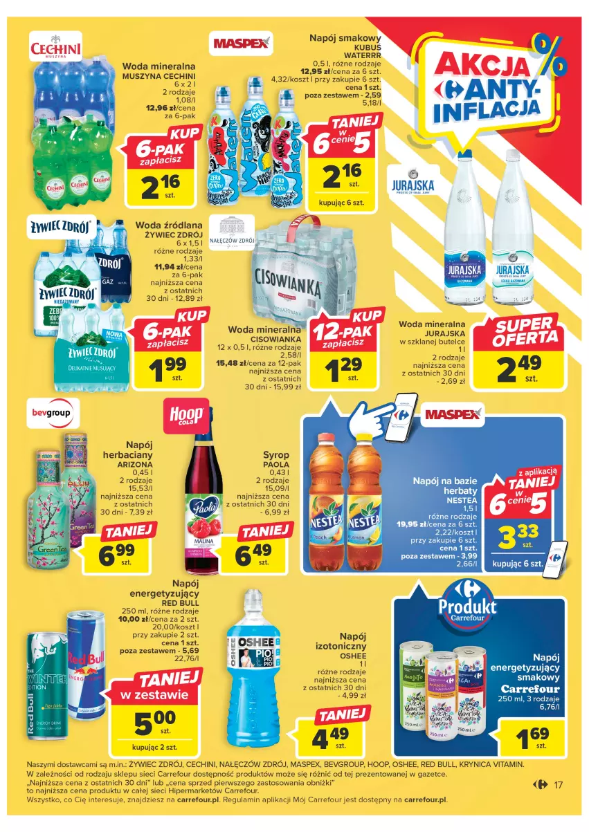 Gazetka promocyjna Carrefour - Gazetka Carrefour - ważna 21.02 do 04.03.2023 - strona 19 - produkty: Cisowianka, Hoop, Kosz, Kubuś, Kubuś Waterrr, LANA, Mus, Napój, Napój izotoniczny, Nestea, Oshee, Paola, Por, Red Bull, Syrop, Szyna, Woda, Woda mineralna