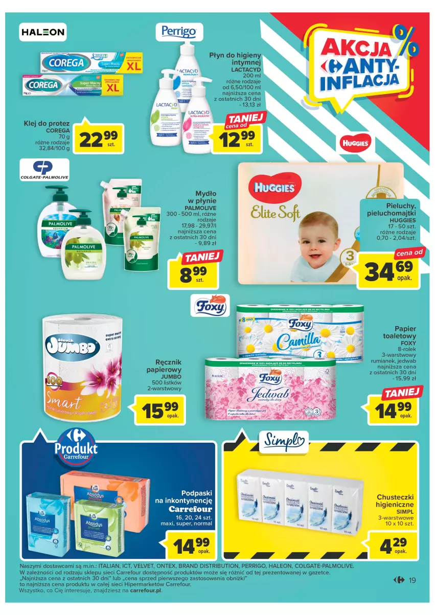 Gazetka promocyjna Carrefour - Gazetka Carrefour - ważna 21.02 do 04.03.2023 - strona 21 - produkty: Colgate, Corega, Foxy, Huggies, Keen, Klej, Lactacyd, Leon, LG, Majtki, Mydło, Palmolive, Papier, Papier toaletowy, Pieluchomajtki, Pieluchy, Płyn do higieny intymnej, Podpaski, Ręcznik, Rum, Velvet