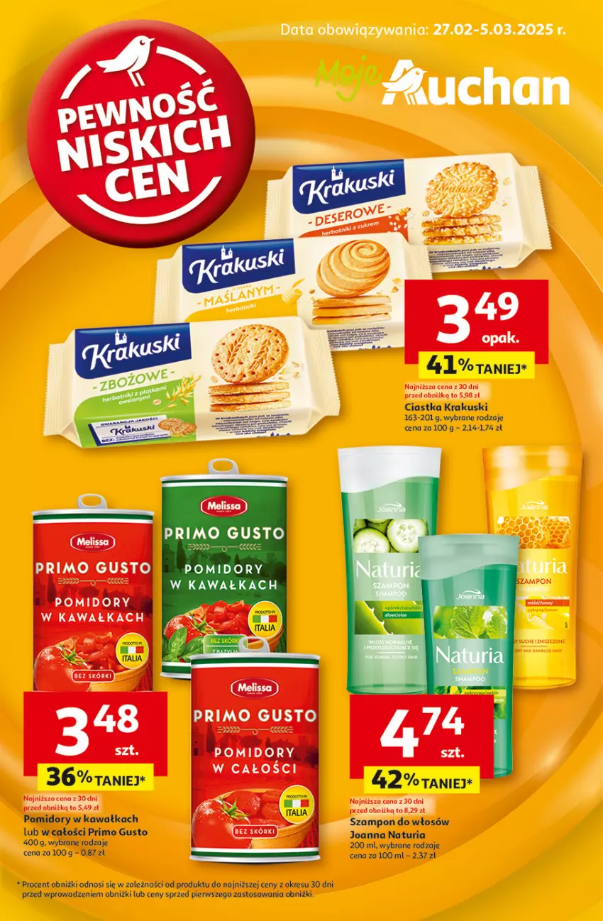 Gazetka promocyjna Auchan - Gazetka Pewność Niskich Cen Moje Auchan - ważna 27.02 do 05.03.2025 - strona 1 - produkty: Ciastka, Joanna, Kawa, Krakus, Krakuski