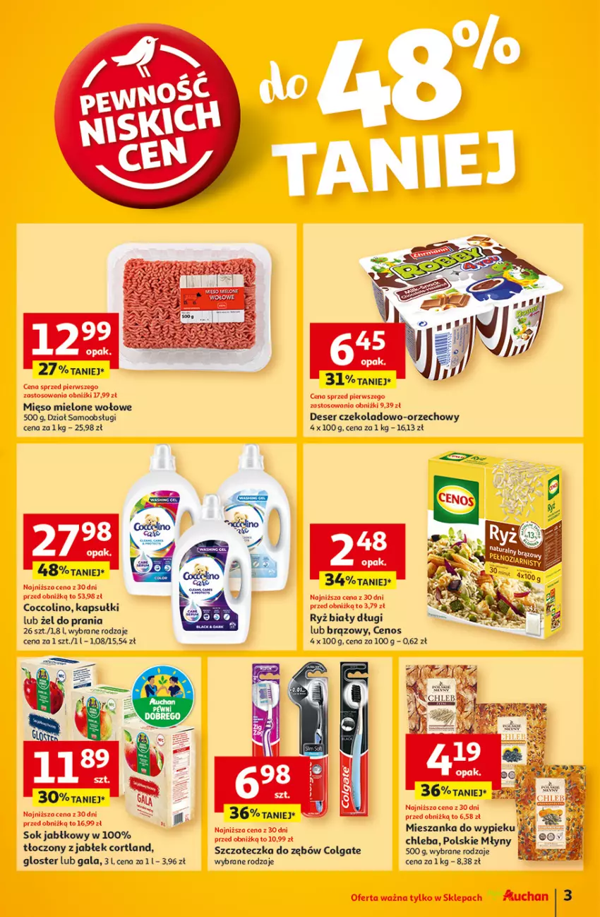 Gazetka promocyjna Auchan - Gazetka Pewność Niskich Cen Moje Auchan - ważna 27.02 do 05.03.2025 - strona 3 - produkty: Cenos, Chleb, Coccolino, Colgate, Deser, Gala, LG, Mięso, Mięso mielone, Polskie Młyny, Ryż, Ryż biały, Ser, Sok, Sok jabłkowy, Szczoteczka, Szczoteczka do zębów