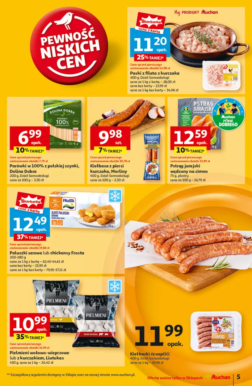 Gazetka promocyjna Auchan - Gazetka Pewność Niskich Cen Moje Auchan - ważna 27.02 do 05.03.2025 - strona 7 - produkty: Frosta, Kiełbasa, Kiełbasa z piersi kurczaka, Kurczak, Morliny, Parówki, Pstrąg, Ser